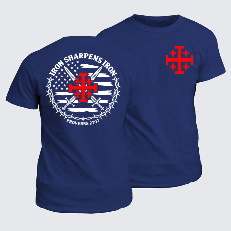 Classic Cotton Tee - Iron Sharpens Iron – Jerusalem Cross & American Flag - Navy (front and back)