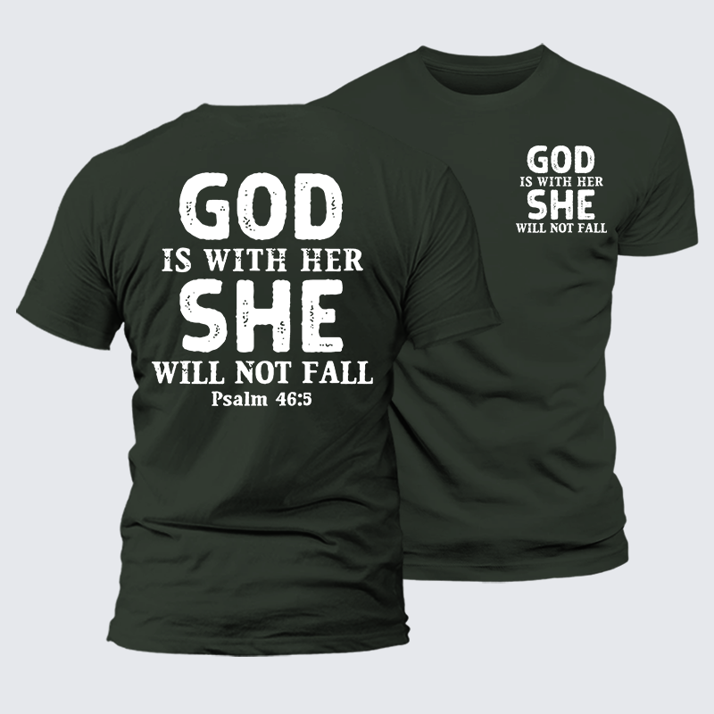 God Is With Her, She Will Not Fall Jesus God Christian Premium Mercerized Cotton Tee