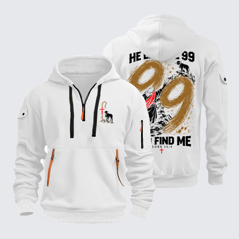 Zipper Hoodies - He Left The 99 - Lost Sheep Cross - White (front and back)