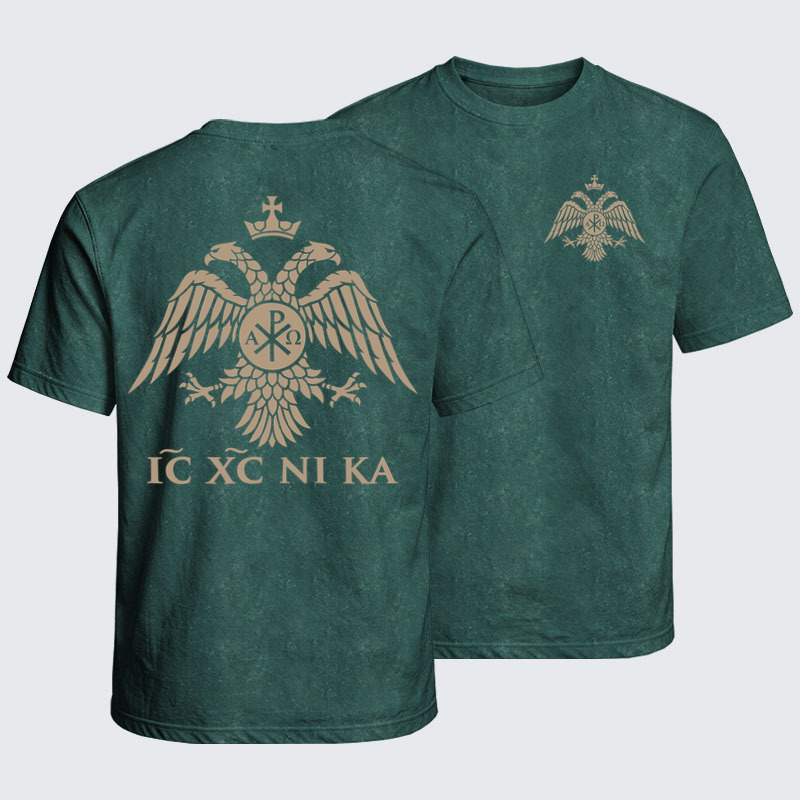 Washed T-Shirt - IC XC NIKA – Chi-Rho Double-Headed Eagle - Dark Green (front and back)