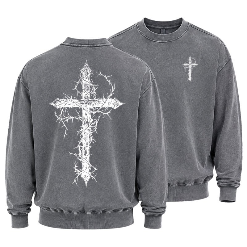 Washed Sweatshirt - Cross - Grey (front and back)