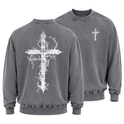Washed Sweatshirt - Cross - Grey (front and back)