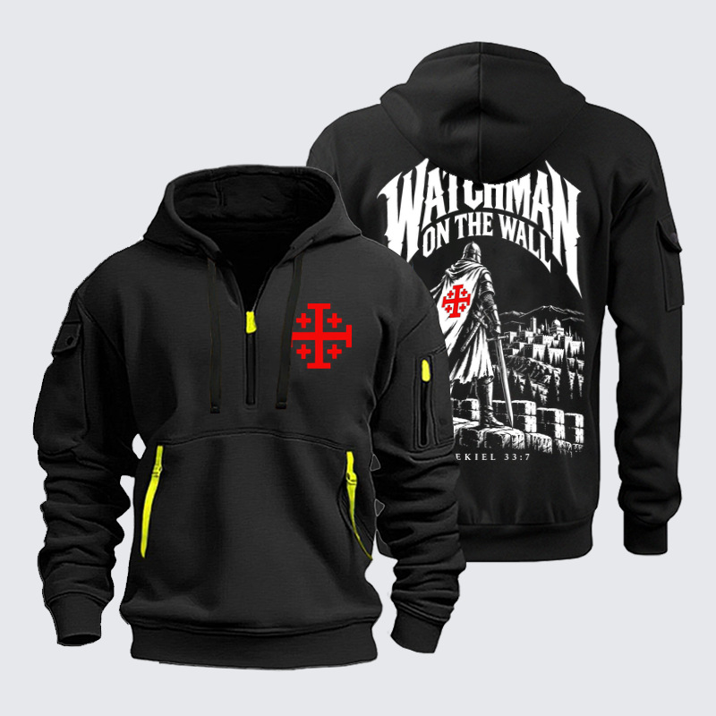 Zipper Hoodies - Watchman on the Wall – Ezekiel 33:7 - Black (front and back)