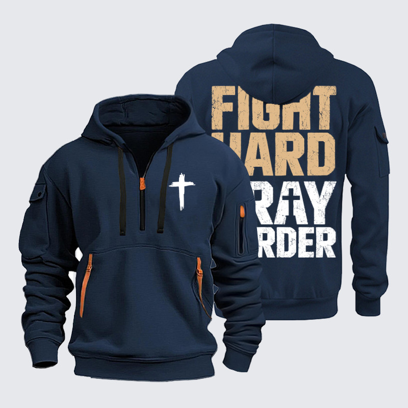 Zipper Hoodies - Fight Hard Pray Harder - Navy (front and back)