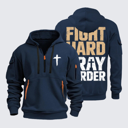 Zipper Hoodies - Fight Hard Pray Harder - Navy (front and back)