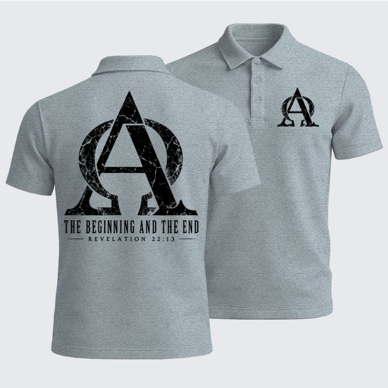Men’s Premium Cotton Polo Shirt - Alpha & Omega – The Beginning and the End - Light Gray (front and back)