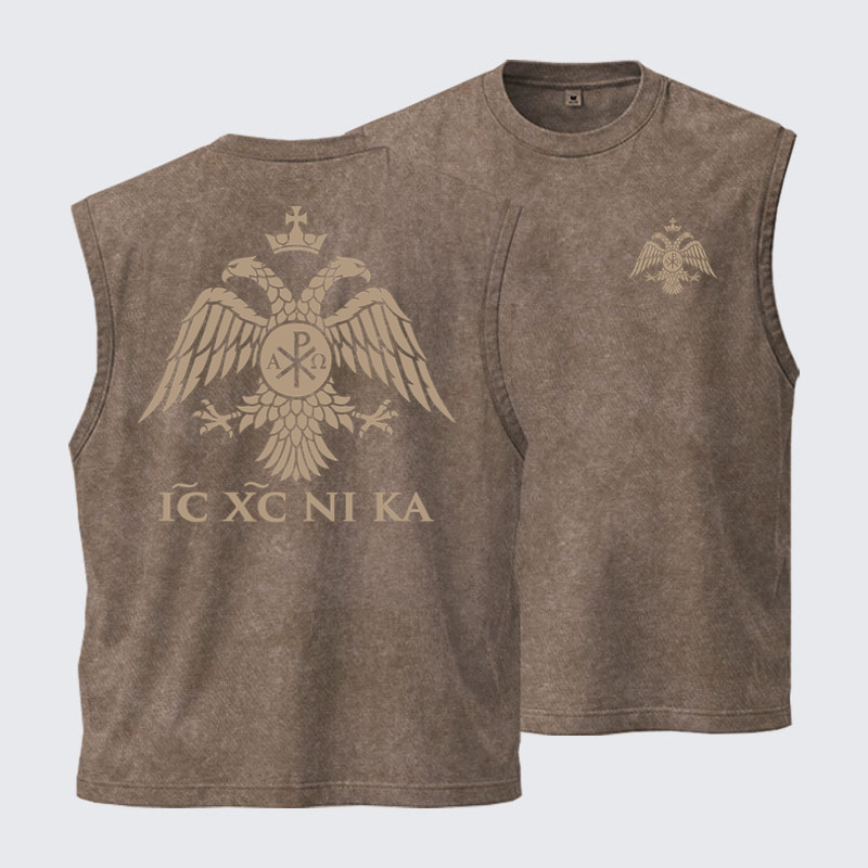 Washed Tank Top - IC XC NIKA – Chi-Rho Double-Headed Eagle - Coffee (front and back)