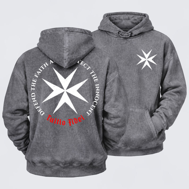 Washed Hoodie - Defend the Faith, Protect the Innocent Christian Knighti – Tuitio Fide - Grey (front and back)