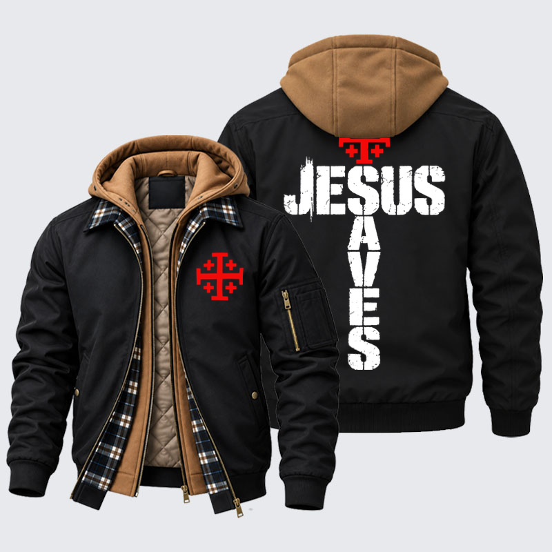 Hooded Bomber Jacket - Jesus Saves Jerusalem Cross - Black (front and back)