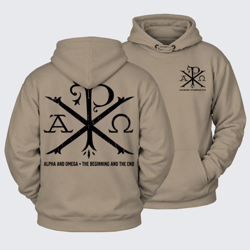 Plush Fleece-Lined Hoodie - Alpha And Omega - Gray Coffee (front and back)