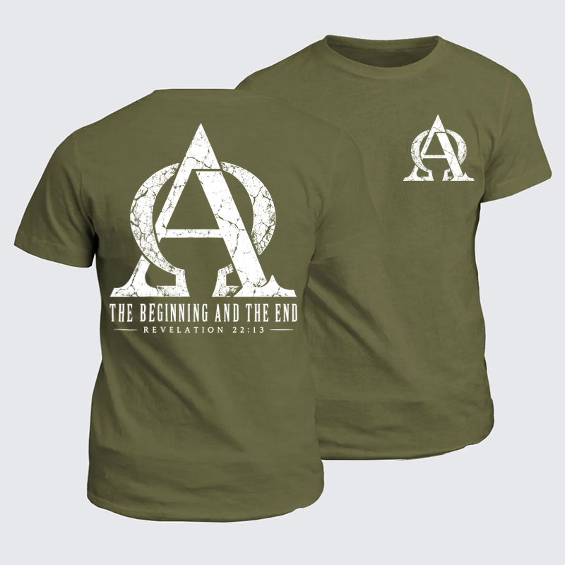 Classic Cotton Tee - Alpha & Omega – The Beginning and the End - Army Green (front and back)