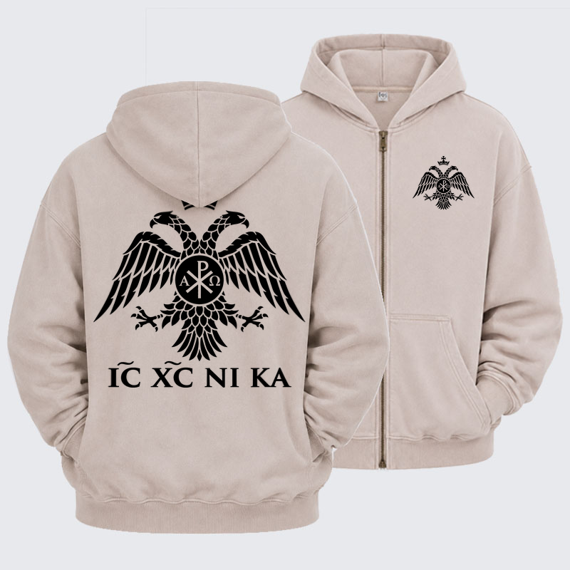 Washed Zip-Up Hoodie - IC XC NIKA – Chi-Rho Double-Headed Eagle - Beige (front and back)