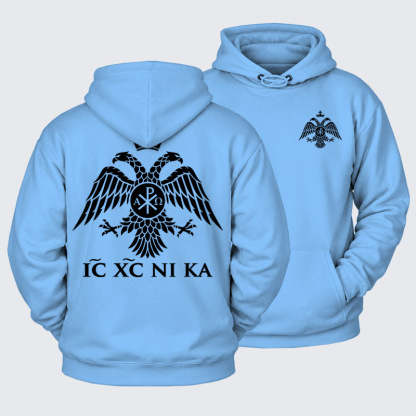 Plush Fleece-Lined Hoodie - IC XC NIKA – Chi-Rho Double-Headed Eagle - Blue (front and back)