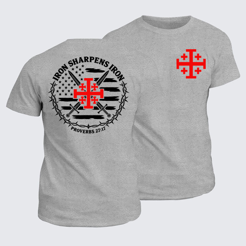Classic Cotton Tee - Iron Sharpens Iron – Jerusalem Cross & American Flag - Light Gray (front and back)