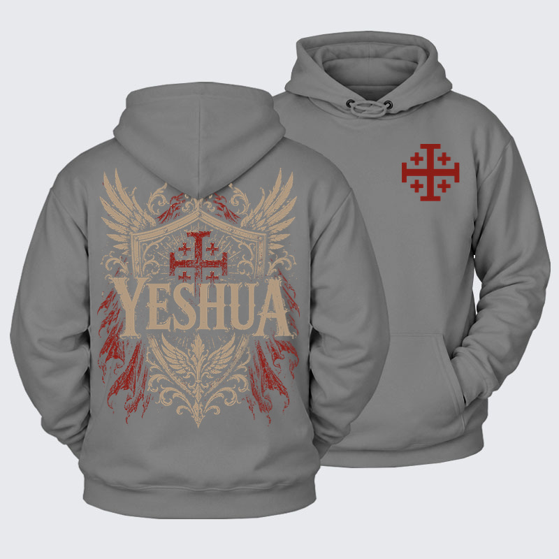 Plush Fleece-Lined Hoodie - Yeshua – King of Kings - Ash Gray (front and back)