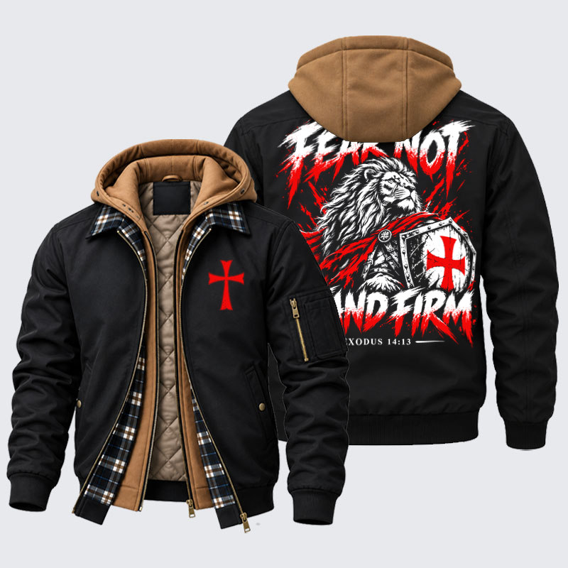 Hooded Bomber Jacket - Fear Not – Stand Firm Lion - Black (front and back)