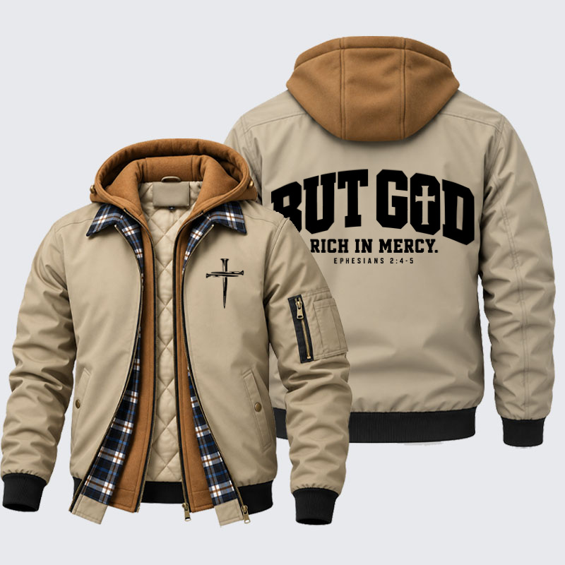 Hooded Bomber Jacket - But God Rich in Mercy – Ephesians 2:4-5 - Khaki (front and back)