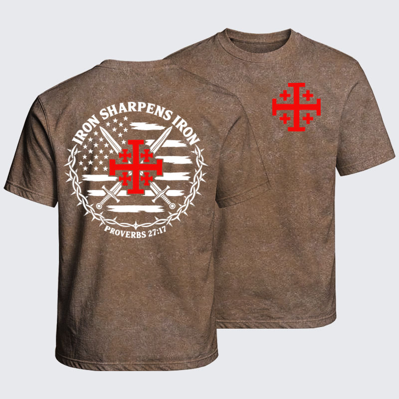 Washed T-Shirt - Iron Sharpens Iron – Jerusalem Cross & American Flag - Coffee (front and back)