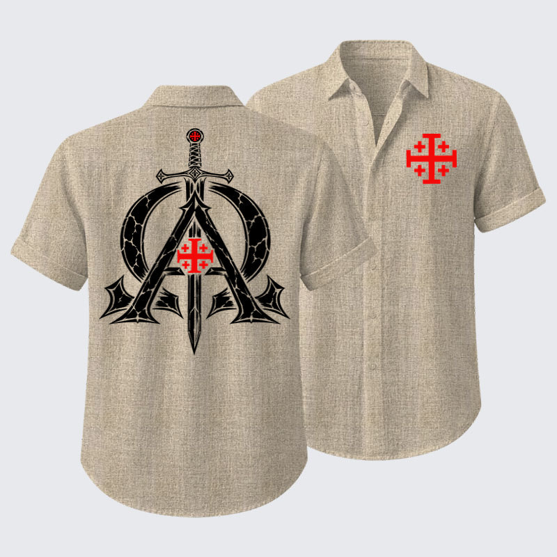 Short Sleeve Casual Shirt - Alpha & Omega – Revelation 22:13 Christian Warrior - Apricot (front and back)