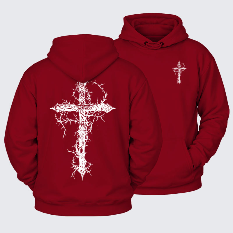 Plush Fleece-Lined Hoodie - Cross - Dark Red (front and back)