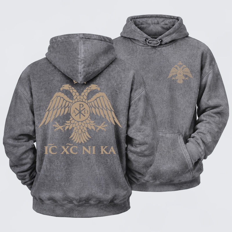 Washed Hoodie - IC XC NIKA – Chi-Rho Double-Headed Eagle - Grey (front and back)