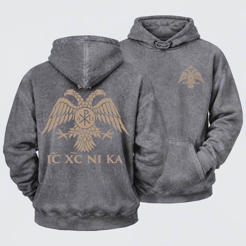 Washed Hoodie - IC XC NIKA – Chi-Rho Double-Headed Eagle - Grey (front and back)