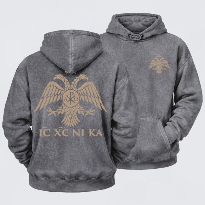 Washed Hoodie - IC XC NIKA – Chi-Rho Double-Headed Eagle - Grey (front and back)