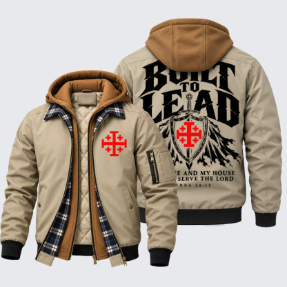Hooded Bomber Jacket - Built To Lead – As for Me and My House – Joshua 24:15 - Khaki (front and back)
