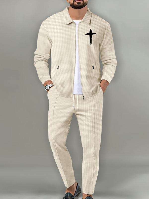 Cross Print Lapel Jacket Set with Waffle Fabric and Zip Pockets