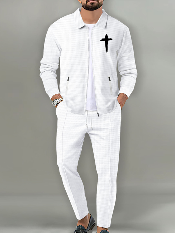 Cross Print Lapel Jacket Set with Waffle Fabric and Zip Pockets