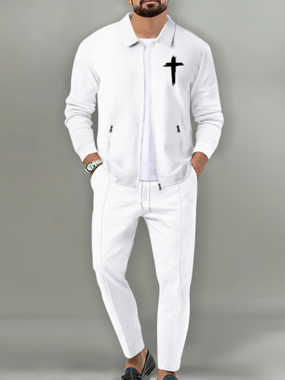Cross Print Lapel Jacket Set with Waffle Fabric and Zip Pockets