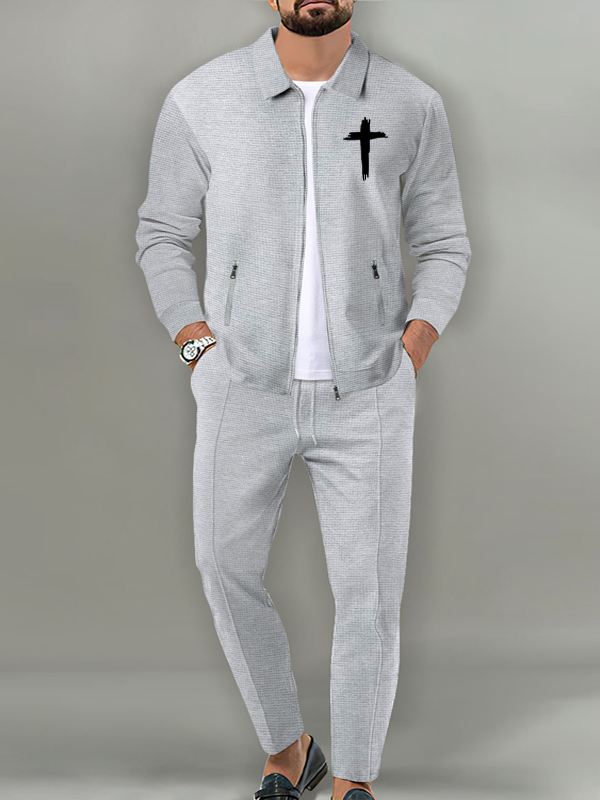Cross Print Lapel Jacket Set with Waffle Fabric and Zip Pockets