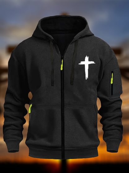Cross Printed Zipper Hoodies