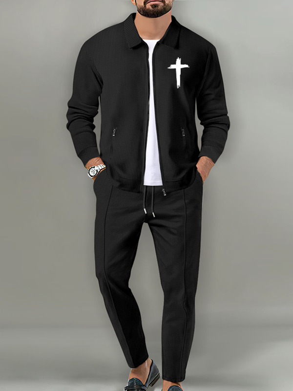 Cross Print Lapel Jacket Set with Waffle Fabric and Zip Pockets