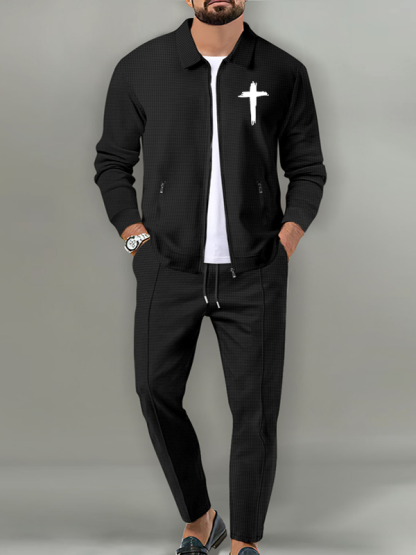 Cross Print Lapel Jacket Set with Waffle Fabric and Zip Pockets