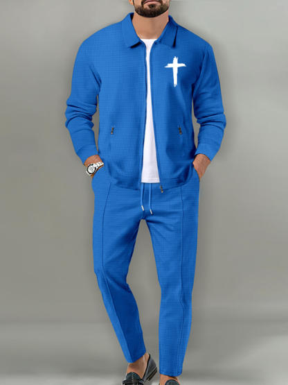 Cross Print Lapel Jacket Set with Waffle Fabric and Zip Pockets