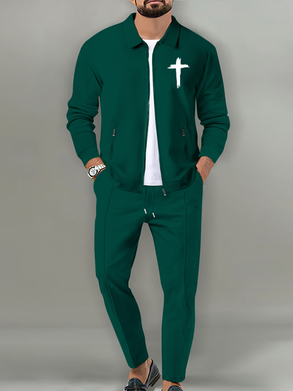 Cross Print Lapel Jacket Set with Waffle Fabric and Zip Pockets