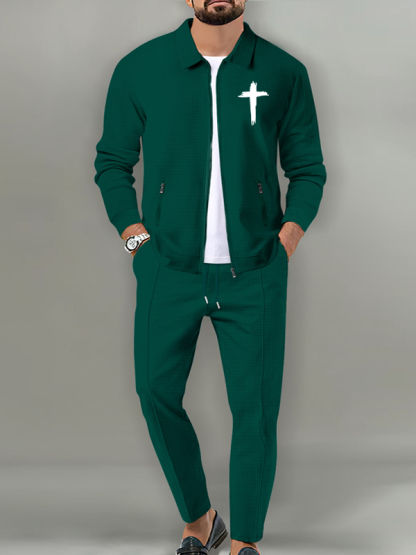 Cross Print Lapel Jacket Set with Waffle Fabric and Zip Pockets