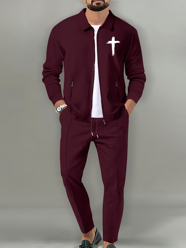 Cross Print Lapel Jacket Set with Waffle Fabric and Zip Pockets