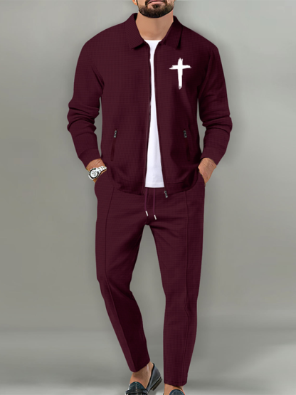 Cross Print Lapel Jacket Set with Waffle Fabric and Zip Pockets