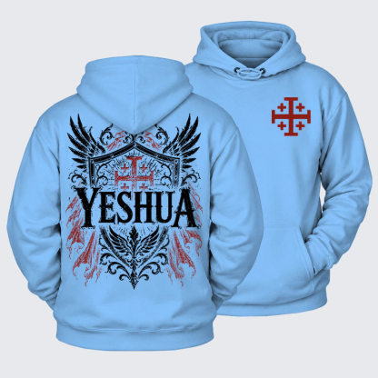 Plush Fleece-Lined Hoodie - Yeshua – King of Kings - Blue (front and back)