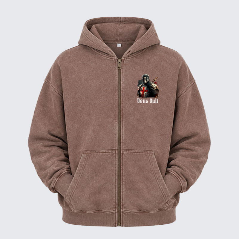 Washed Zip-Up Hoodie - Deus Vult - Coffee (front)