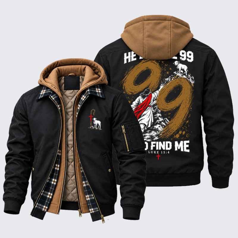 Hooded Bomber Jacket - He Left The 99 - Lost Sheep Cross - Black