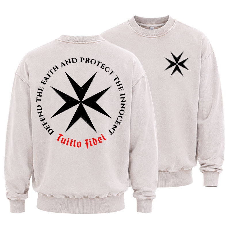 Washed Sweatshirt - Defend the Faith, Protect the Innocent Christian Knighti – Tuitio Fide - Beige (front and back)