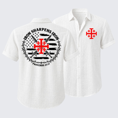 Short Sleeve Casual Shirt - Iron Sharpens Iron – Jerusalem Cross & American Flag - White (front and back)