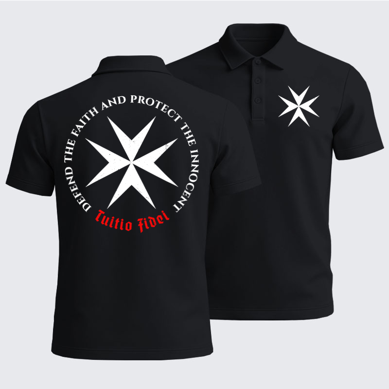 Men’s Premium Cotton Polo Shirt - Defend the Faith, Protect the Innocent Christian Knighti – Tuitio Fide - Black (front and back)