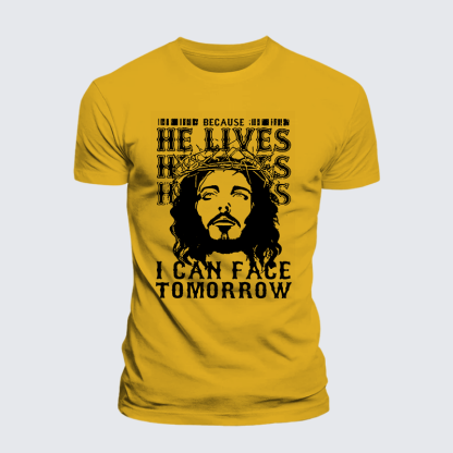 Because He Lives Jesus God Christian Premium Mercerized Cotton Tee