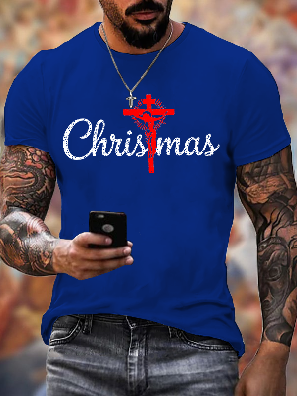 Retro Christmas Cross Jesus God Christian Cotton T-Shirt