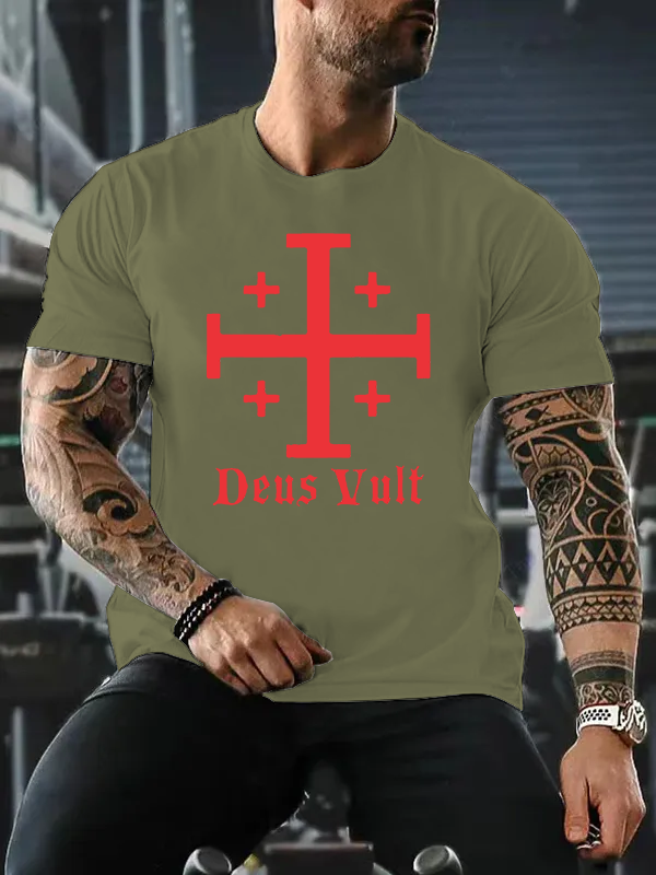 Jerusalem Cross Deus Vult Jesus God Christian Cotton T-Shirt