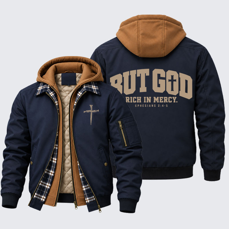 Hooded Bomber Jacket - But God Rich in Mercy – Ephesians 2:4-5 - Navy (front and back)